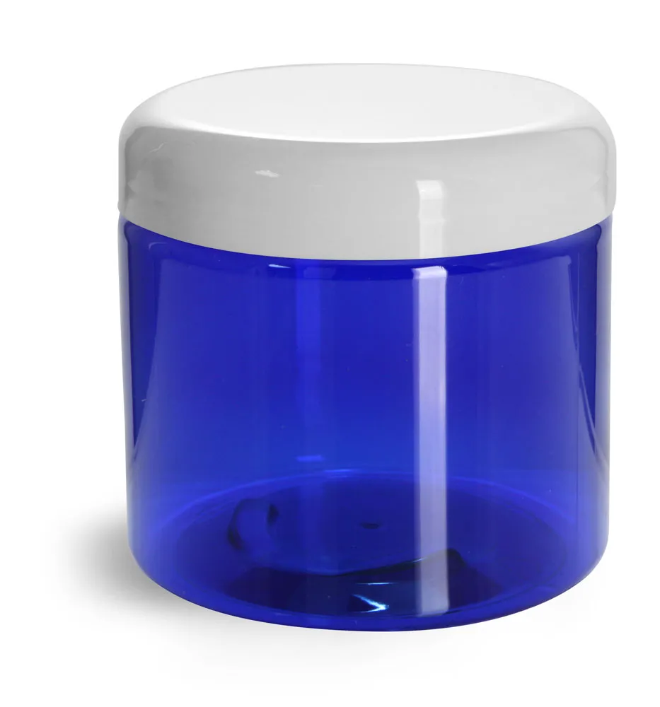 16 oz PET Plastic Jars, Blue Straight Sided Jars w/ White Dome Lined Caps