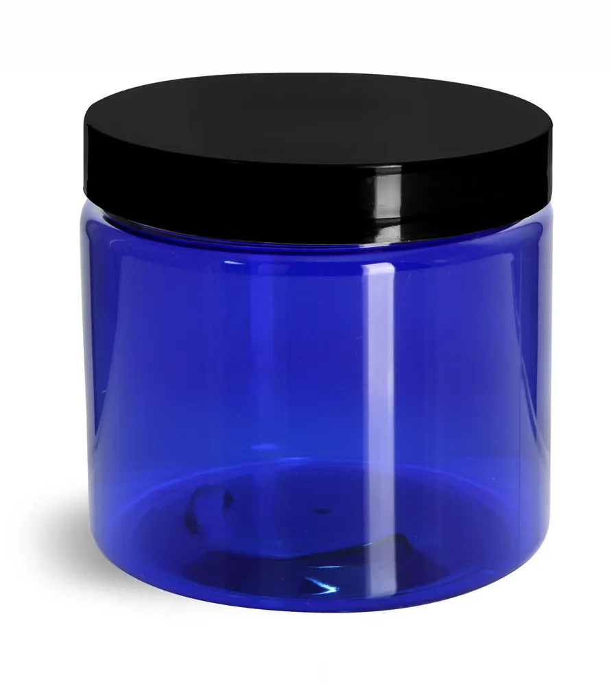 16 oz PET Plastic Jars, Blue Straight Sided Jars w/ Black Smooth Plastic Lined Caps