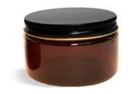 PET Plastic Jars, Amber Heavy Wall Jars w/ Lined Black Metal Caps
