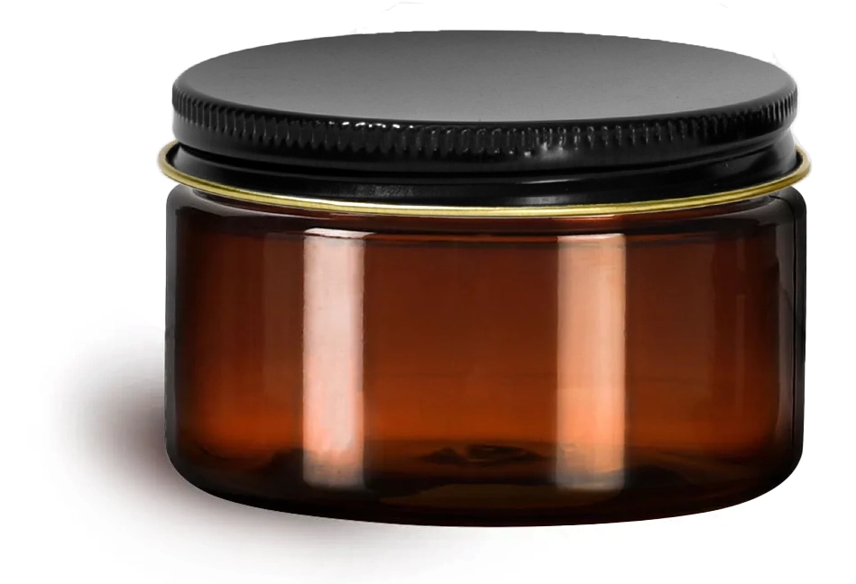 4 oz Amber PET Heavy Wall Jars with Lined Black Metal Caps