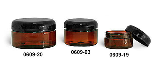 Plastic Jars, Amber PET Heavy Wall Jars w/ Lined Black Dome Caps