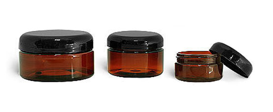 PET Plastic Jars, Amber Heavy Wall Jars w/ Lined Black Dome Caps