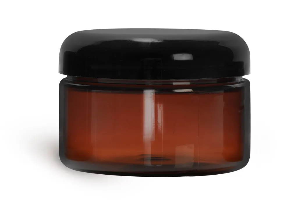 4 oz Plastic Jars, Amber PET Heavy Wall Jars w/ Lined Black Dome Caps