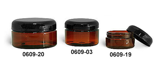 Plastic Jars, Amber PET Heavy Wall Jars w/ Lined Black Dome Caps