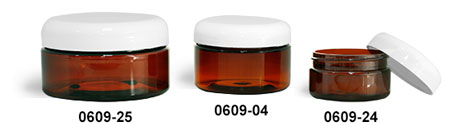 Plastic Jars, Amber PET Heavy Wall Jars w/ Lined White Dome Caps