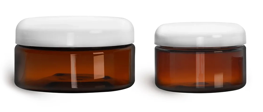 PET Plastic Jars, Amber Heavy Wall Jars w/ Lined White Dome Caps