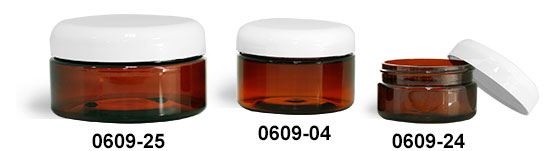 Plastic Jars, Amber PET Heavy Wall Jars w/ Lined White Dome Caps