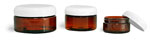 PET Plastic Jars, Amber Heavy Wall Jars w/ Lined White Dome Caps
