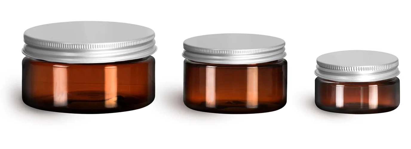 PET Plastic Jars, Amber Heavy Wall Jars w/ Lined Aluminum Caps