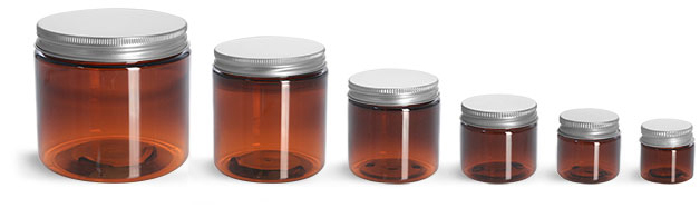 PET Plastic Jars, Amber Straight Sided Jars w/ Lined Aluminum Caps