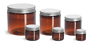 PET Plastic Jars, Amber Straight Sided Jars w/ Lined Aluminum Caps