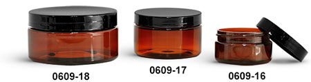 Plastic Jars, Amber PET Heavy Wall Jars w/ Black Smooth Plastic Lined Caps