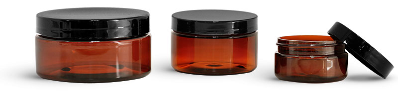 PET Plastic Jars, Amber Heavy Wall Jars w/ Black Smooth Plastic Lined Caps
