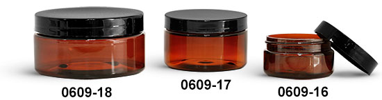 Plastic Jars, Amber PET Heavy Wall Jars w/ Black Smooth Plastic Lined Caps