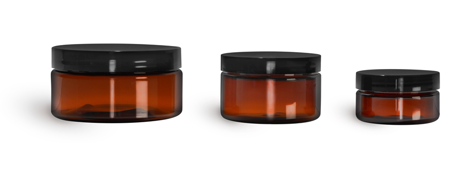 Plastic Jars, Amber PET Heavy Wall Jars w/ Black Smooth Plastic Lined Caps
