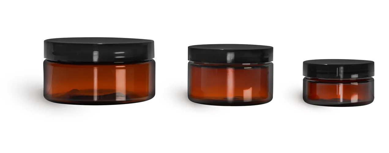 PET Plastic Jars, Amber Heavy Wall Jars w/ Black Smooth Plastic Lined Caps