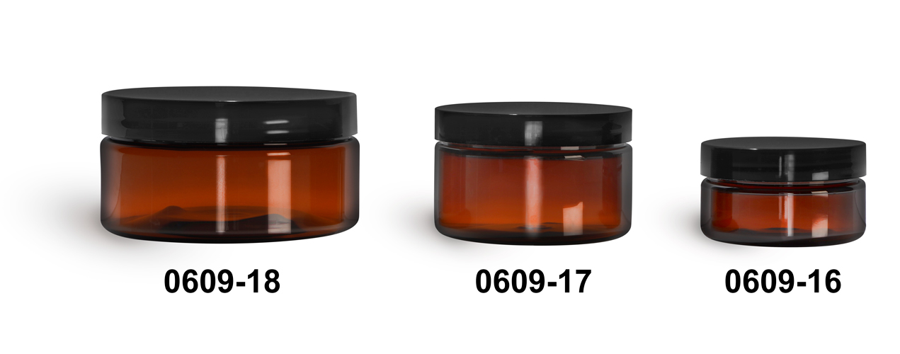 Plastic Jars, Amber PET Heavy Wall Jars w/ Black Smooth Plastic Lined Caps