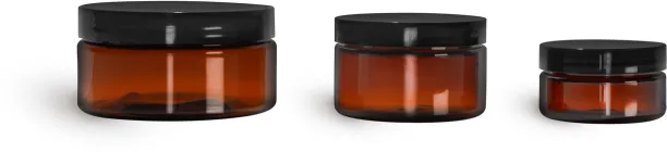 PET Plastic Jars, Amber Heavy Wall Jars w/ Black Smooth Plastic Lined Caps