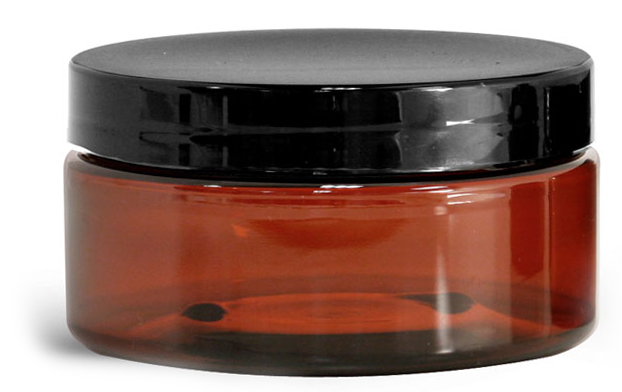 8 oz Amber PET Heavy Wall Jars w/ Black Smooth Plastic Lined Caps