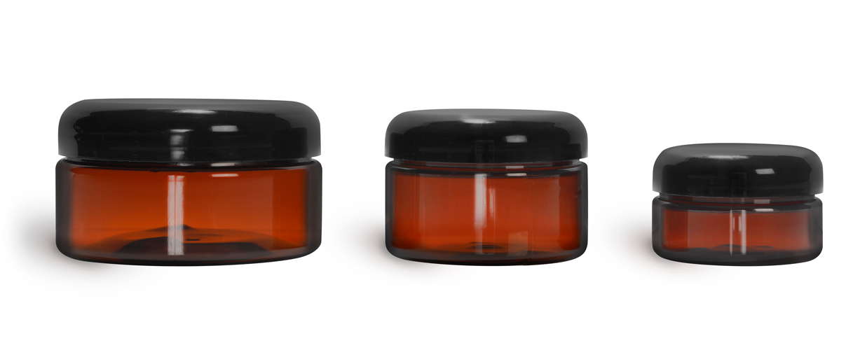 PET Plastic Jars, Amber Heavy Wall Jars w/ Lined Black Dome Caps