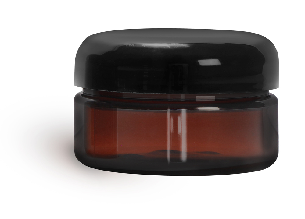 2 oz Plastic Jars, Amber PET Heavy Wall Jars w/ Lined Black Dome Caps