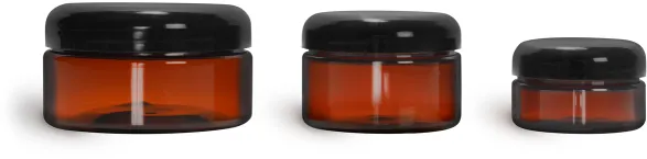 PET Plastic Jars, Amber Heavy Wall Jars w/ Lined Black Dome Caps