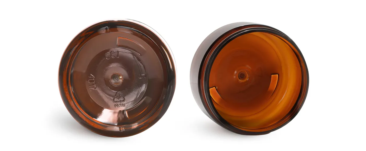 8 oz Plastic Jars, Amber PET Heavy Wall Jars w/ Lined Black Dome Caps