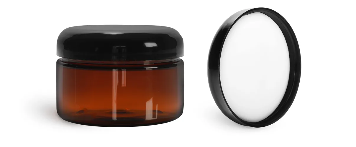 8 oz Plastic Jars, Amber PET Heavy Wall Jars w/ Lined Black Dome Caps
