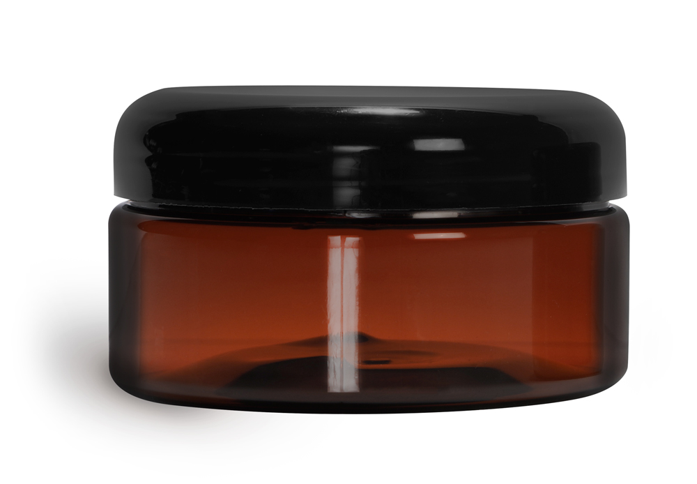 8 oz Plastic Jars, Amber PET Heavy Wall Jars w/ Lined Black Dome Caps