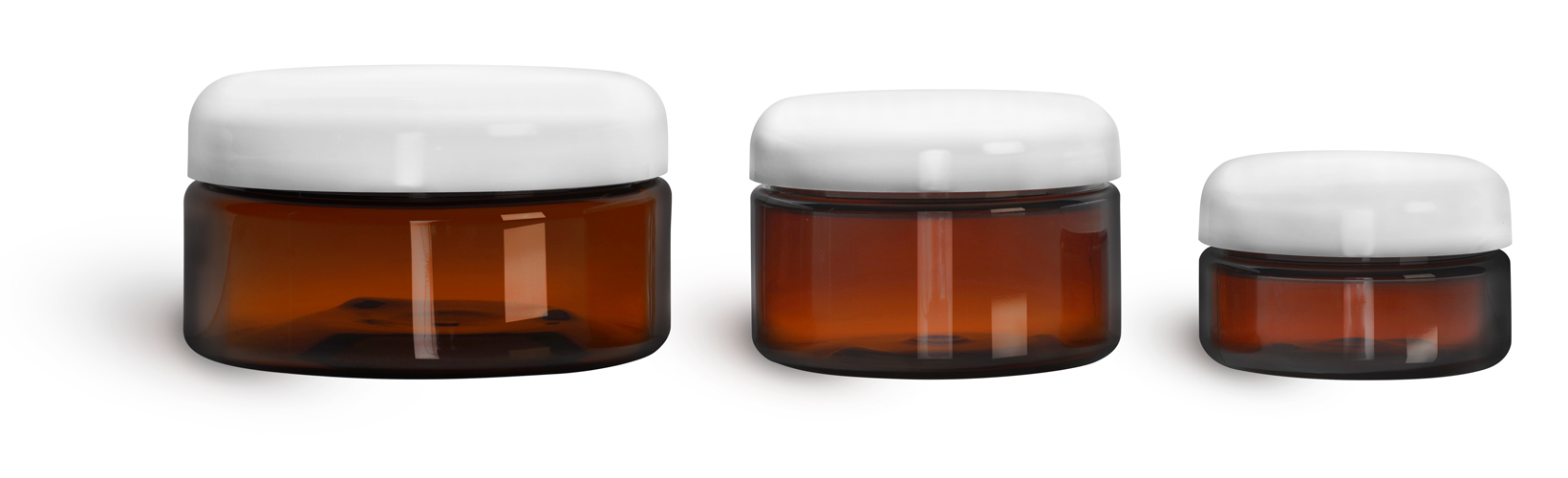 PET Plastic Jars, Amber Heavy Wall Jars w/ Lined White Dome Caps