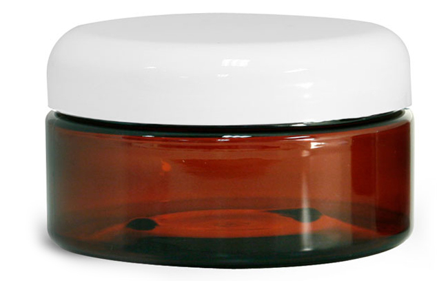 8 OZ AMBER PET HEAVY WALL JARS W/ LINED WHITE DOME CAPS