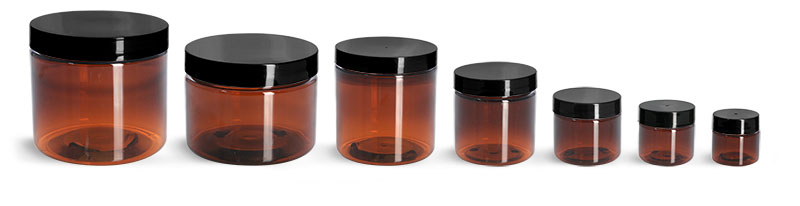 PET Plastic Jars, Amber Straight Sided Jars w/ Black Smooth Plastic Lined Caps