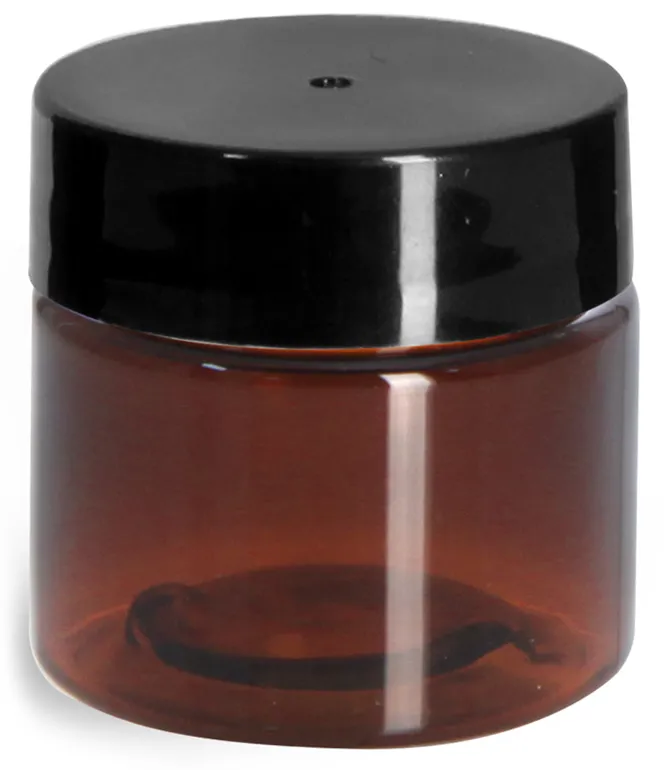 1/2 oz Amber PET Straight Sided Jars w/ Black Smooth Plastic Lined Caps
