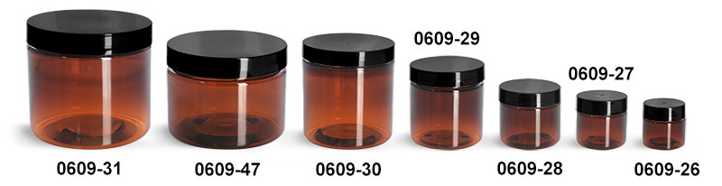 Plastic Jars, Amber PET Straight Sided Jars w/ Black Smooth Plastic Lined Caps