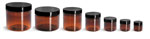 PET Plastic Jars, Amber Straight Sided Jars w/ Black Smooth Plastic Lined Caps