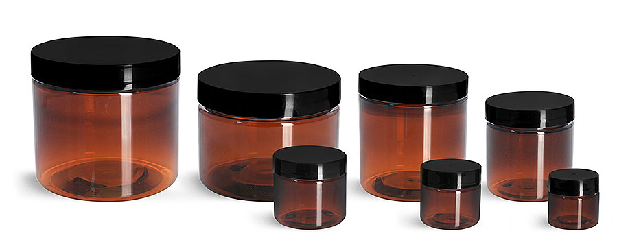 Plastic Jars, Amber PET Straight Sided Jars w/ Black Smooth Plastic Lined Caps