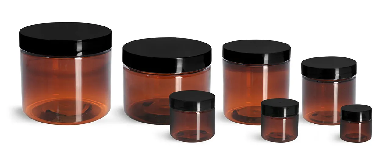 PET Plastic Jars, Amber Straight Sided Jars w/ Black Smooth Plastic Lined Caps