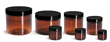 PET Plastic Jars, Amber Straight Sided Jars w/ Black Smooth Plastic Lined Caps