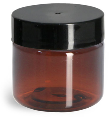 1 oz Amber PET Straight Sided Jars w/ Black Smooth Plastic Lined Caps