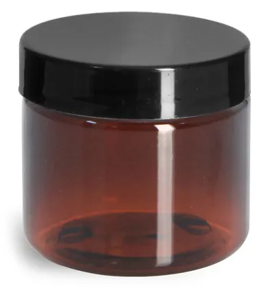 2 oz Amber PET Straight Sided Jars w/ Black Smooth Plastic Lined Caps