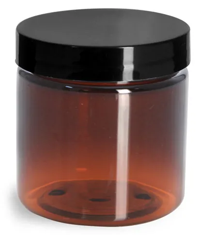 4 oz Amber PET Straight Sided Jars w/ Black Smooth Plastic Lined Caps