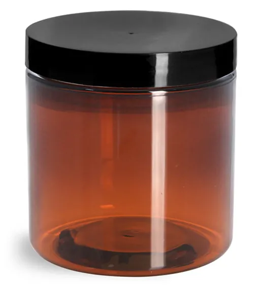 8 oz Amber PET Straight Sided Jars w/ Black Smooth Plastic Lined Caps