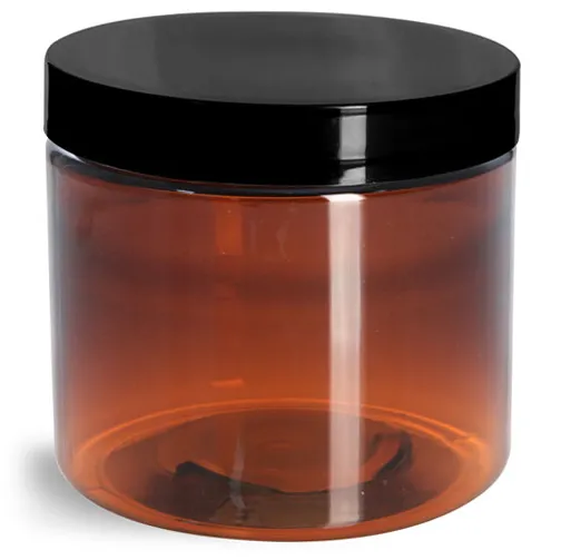 16 oz Amber PET Straight Sided Jars w/ Black Smooth Plastic Lined Caps