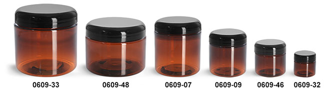 Plastic Jars, Amber PET Straight Sided Jars w/ Lined Black Dome Caps