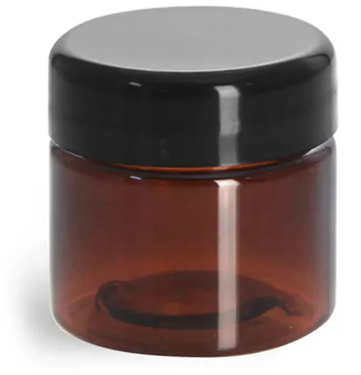 1/2 oz Plastic Jars, Amber PET Straight Sided Jars w/ Lined Black Dome Caps