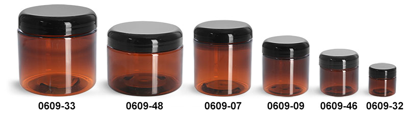 Plastic Jars, Amber PET Straight Sided Jars w/ Lined Black Dome Caps