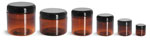 PET Plastic Jars, Amber Straight Sided Jars w/ Lined Black Dome Caps