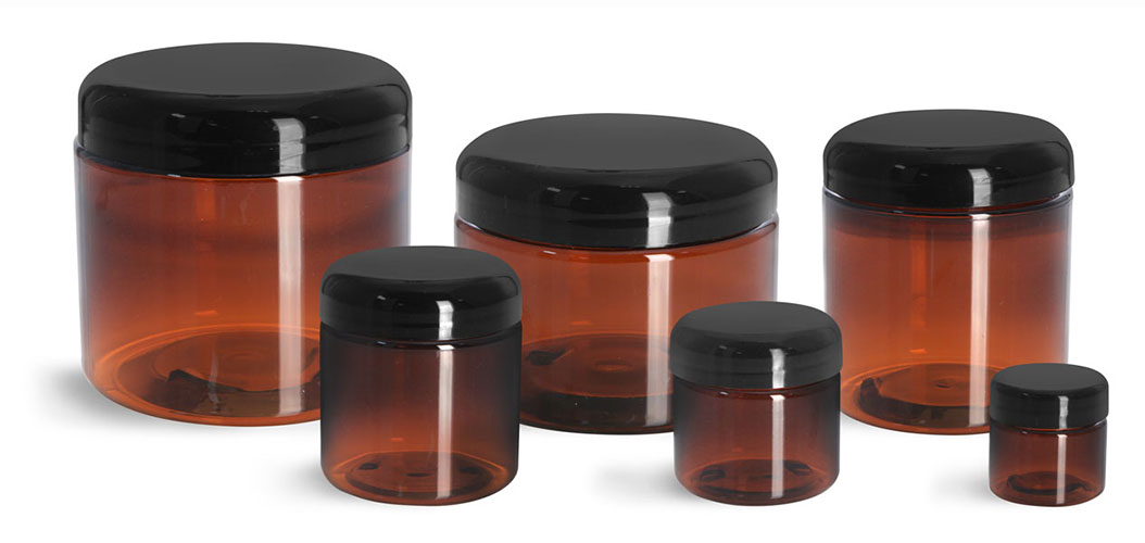 2 oz Plastic Jars, Amber PET Straight Sided Jars w/ Lined Black Dome Caps
