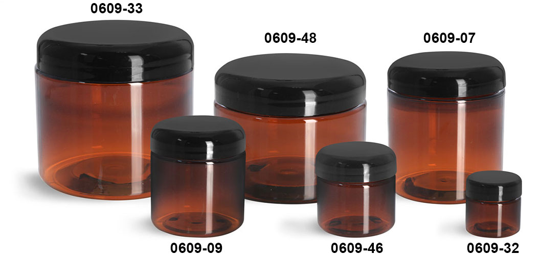 Plastic Jars, Amber PET Straight Sided Jars w/ Lined Black Dome Caps