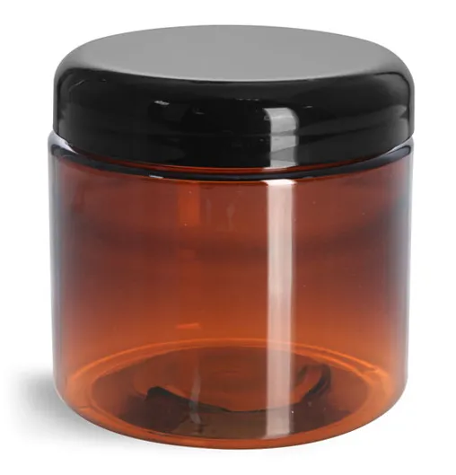 16 oz Plastic Jars, Amber PET Straight Sided Jars w/ Lined Black Dome Caps